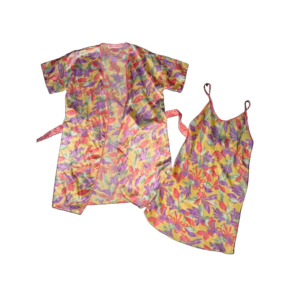 Vintage Contessa Di Roma Small Floral Robe Lingerie Set Made USA Colorful 90s